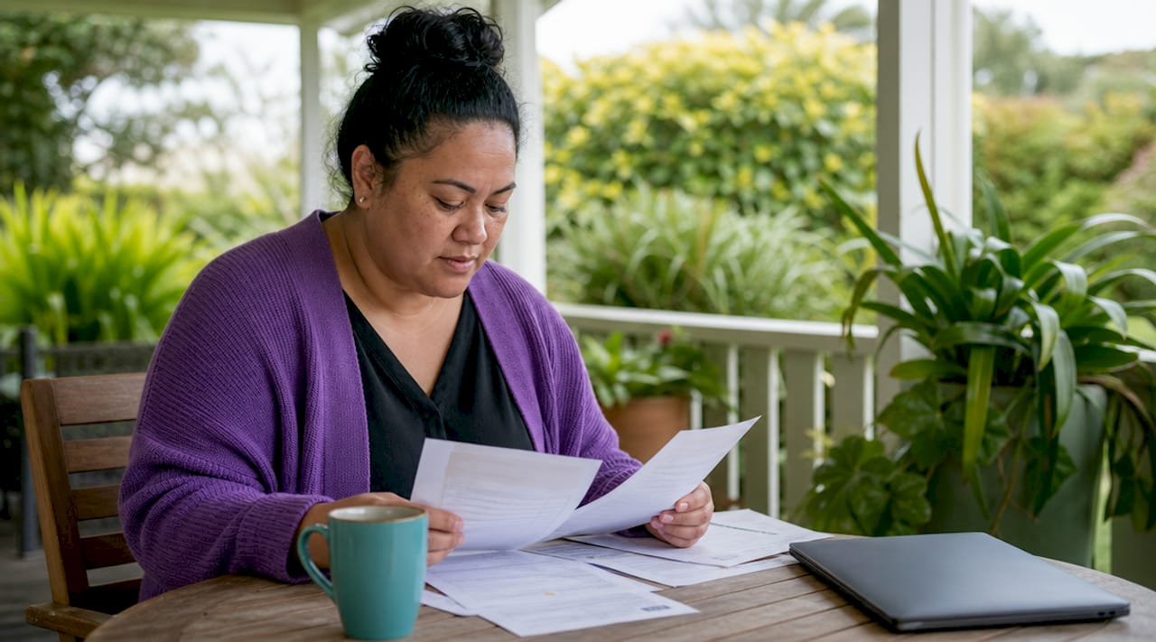 Hands sorting instalment sale papers at NZ kitchen table