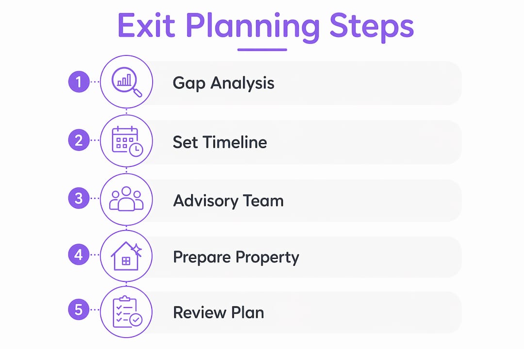 Infographic showing key steps of real estate exit planning in New Zealand