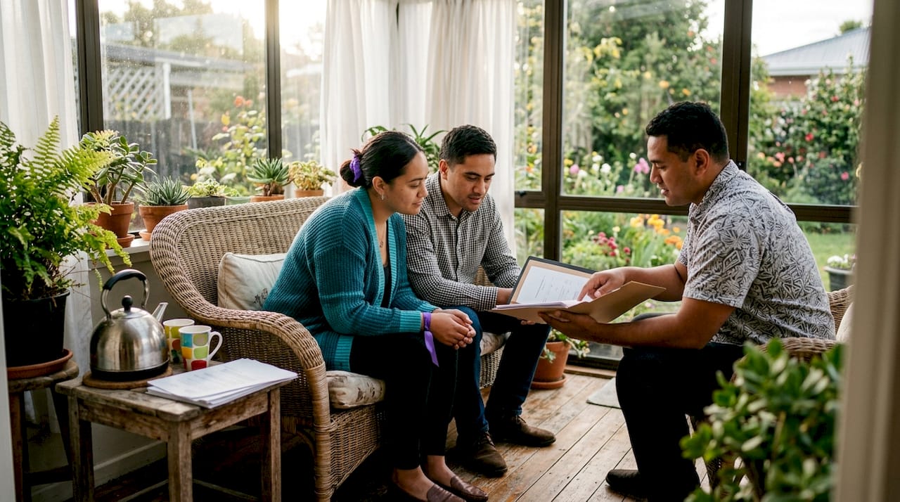 Maori couple discussing sale terms with direct buyer in NZ home