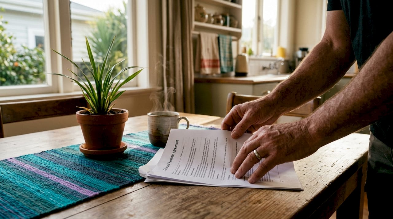 Hands pointing to property contract documents on table