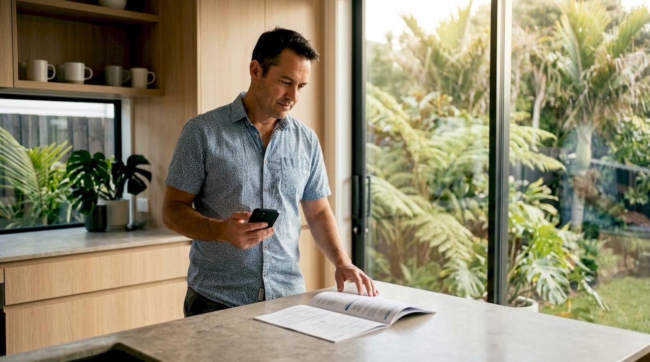 Hands holding insurance document and smartphone over table