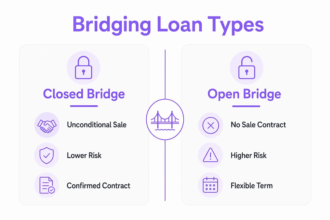 Infographic comparing closed and open bridging loans