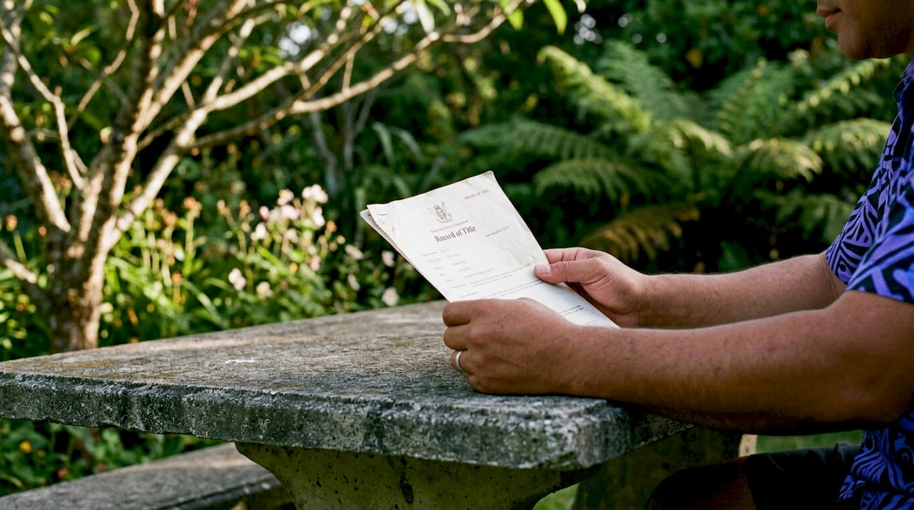 Hands holding Record of Title over wooden table outdoor