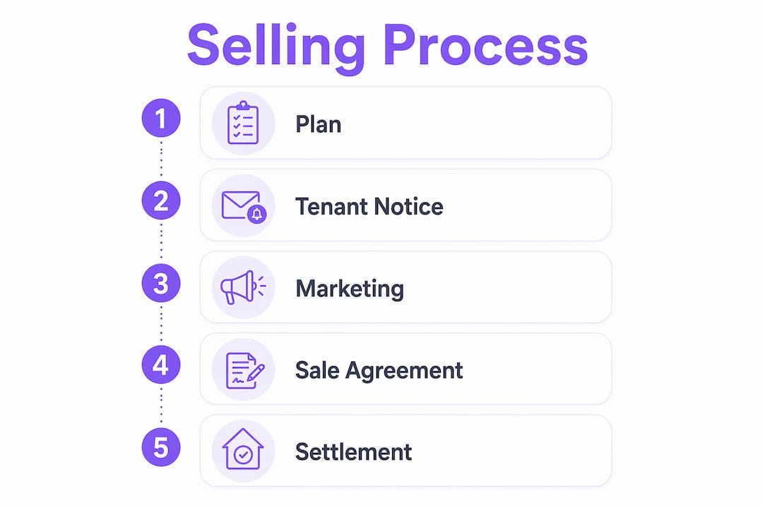 Infographic illustrating steps to sell investment property