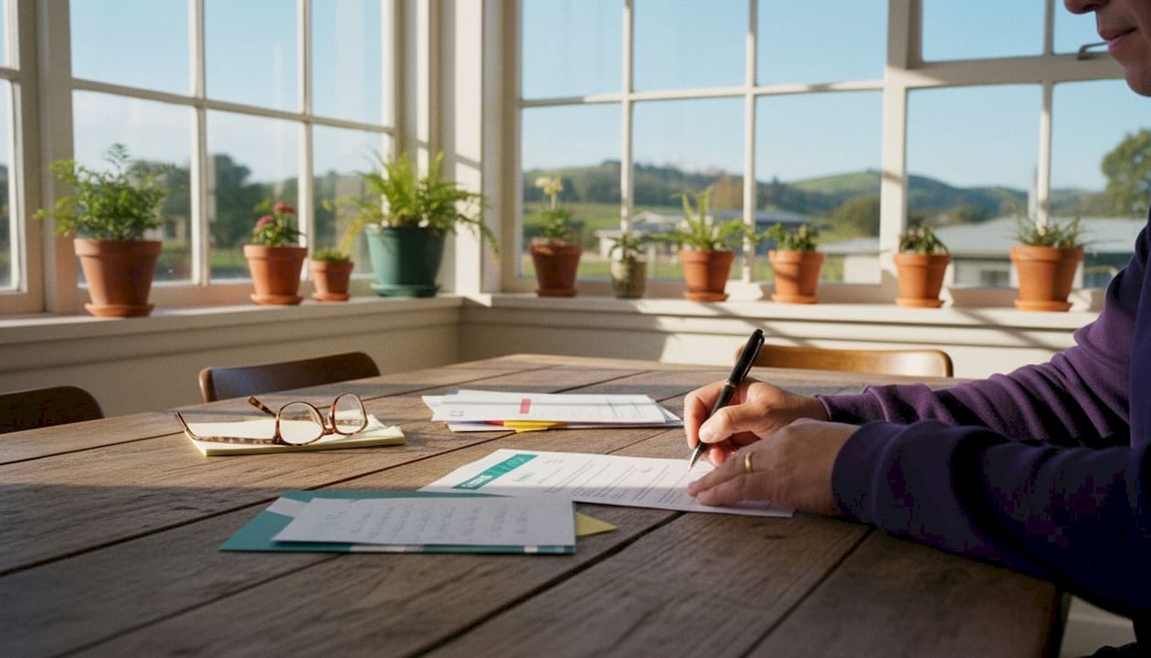 Hands signing property sale contract on NZ home office desk