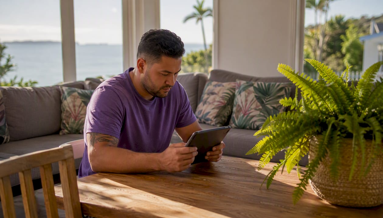 Hands using tablet for NZ home sale platform indoors