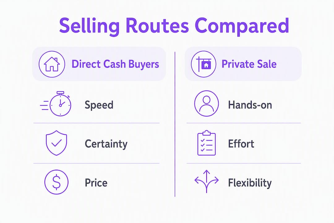 Split infographic comparing cash buyers and private sale benefits
