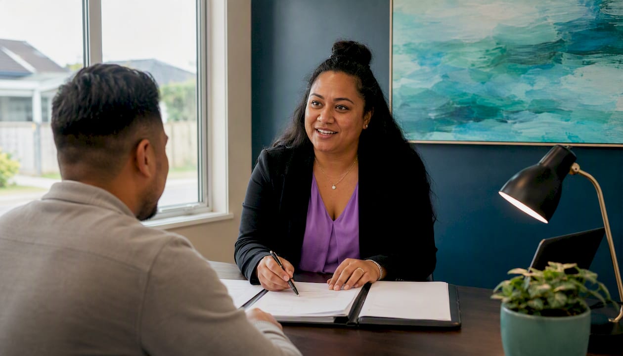 Legal professional handling home sale contract in NZ office