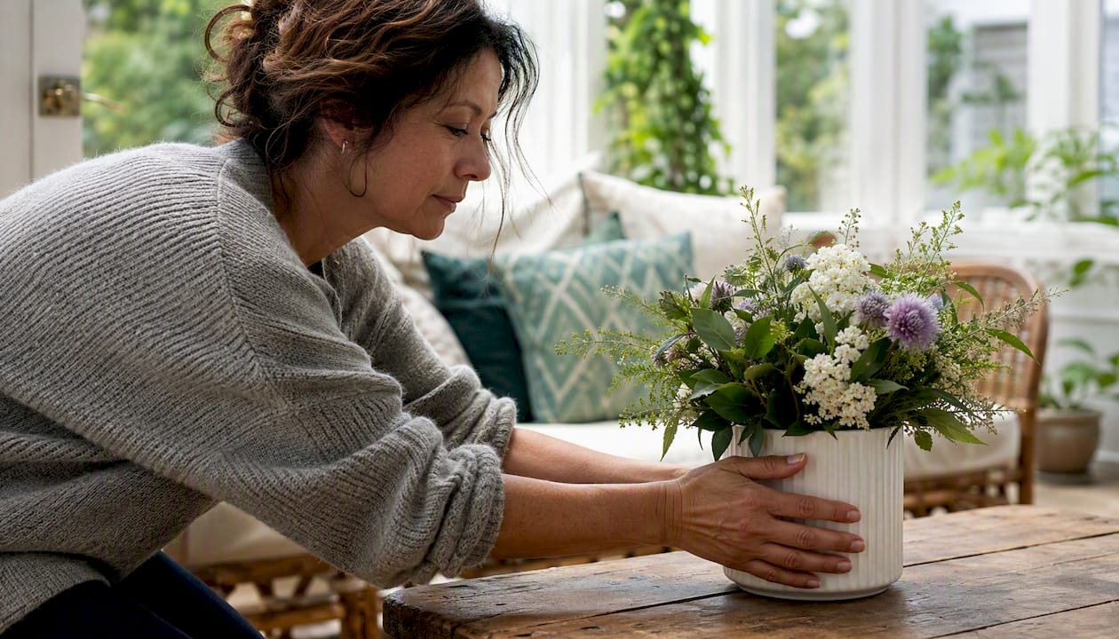 Kiwi homeowner arranging flowers for staging