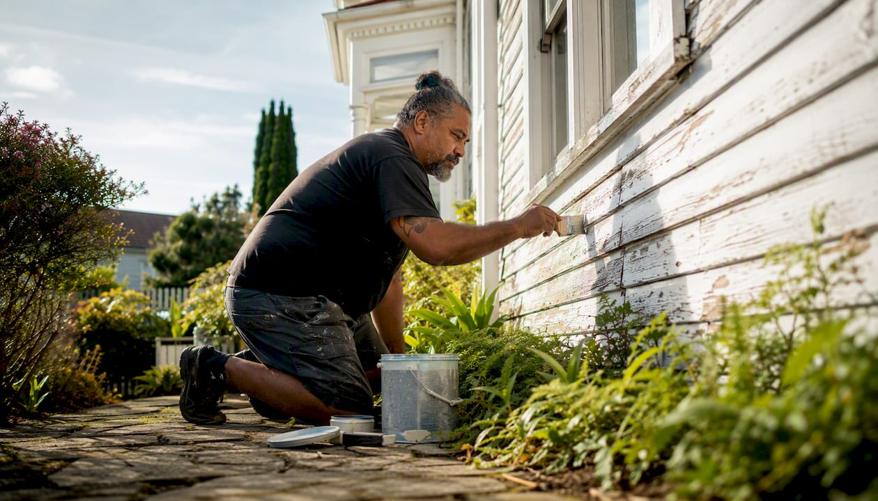 Homeowner painting weathered NZ house wall