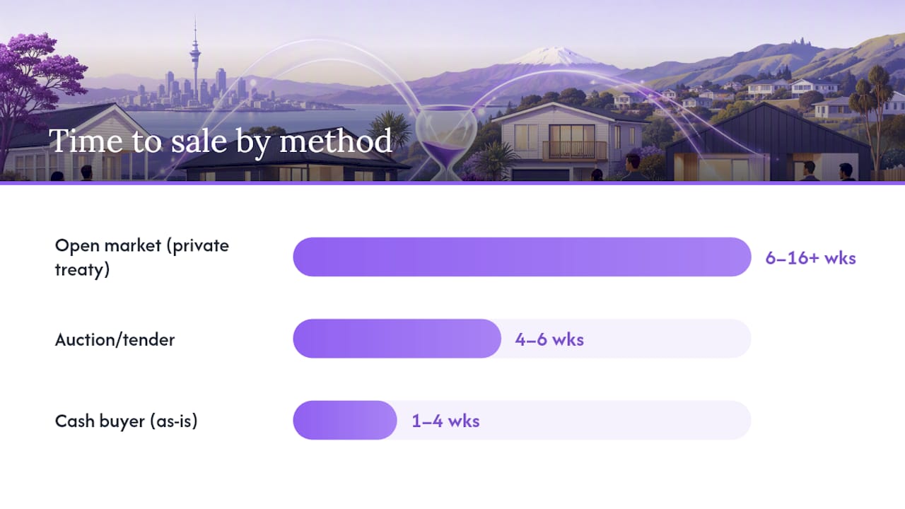 Diagram comparing home selling methods by speed, certainty, proceeds