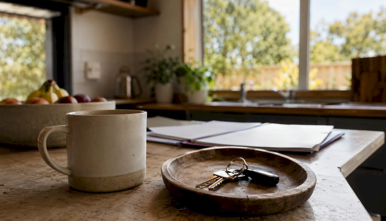 House keys and coffee mug on kitchen bench