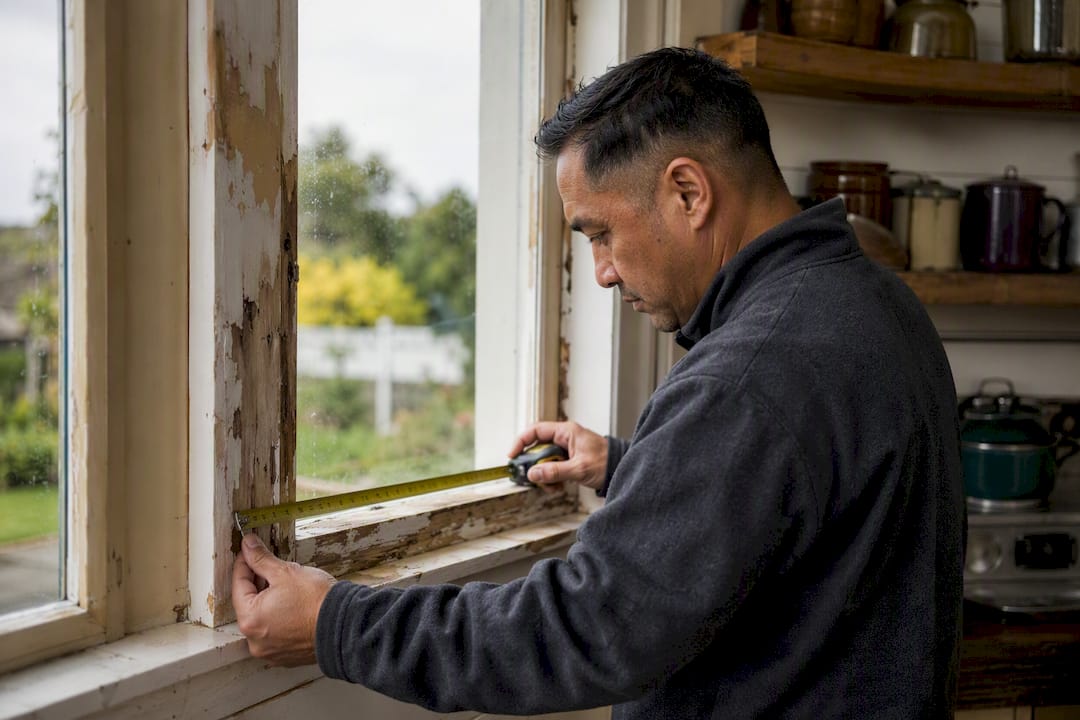 Hands measuring window frame in distressed NZ home