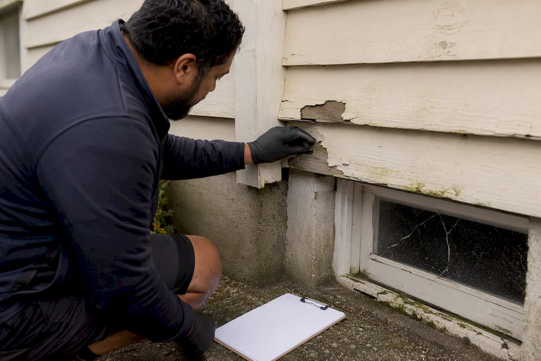 Close-up of NZ house exterior condition being assessed