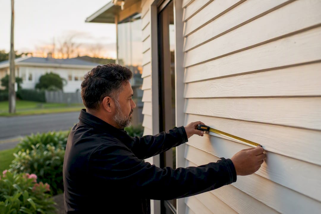 Hands measuring house exterior for appraisal