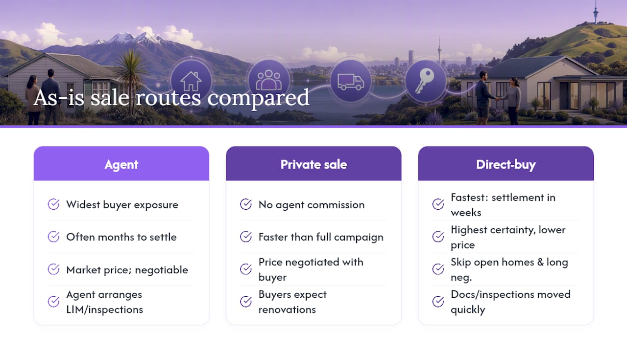 The main ways to sell an as-is property and what each delivers — overview diagram