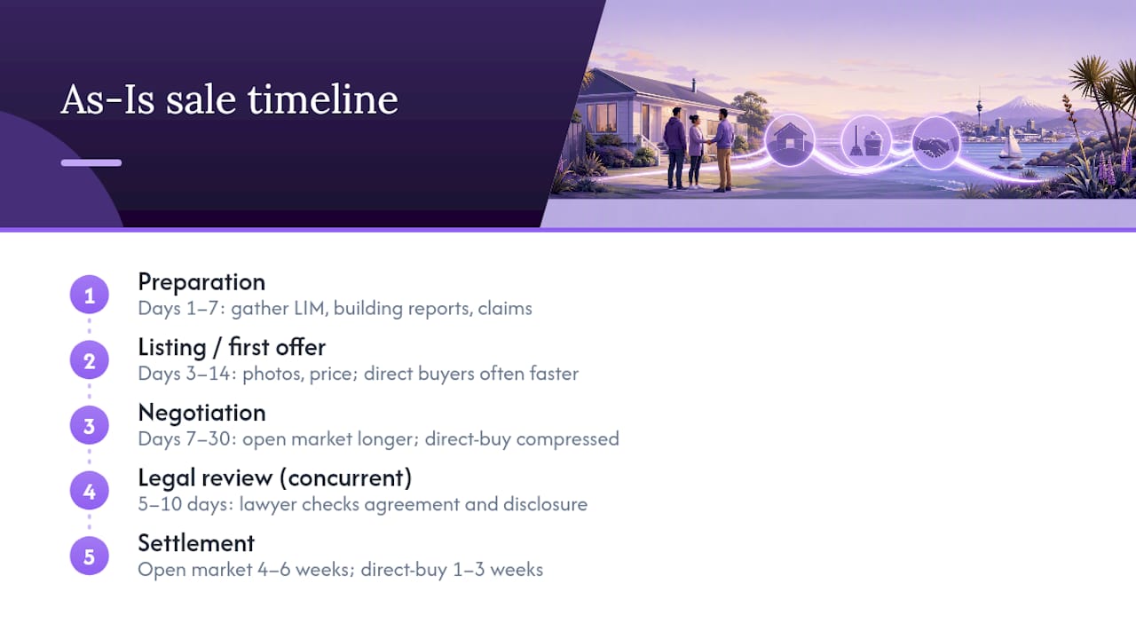 The as-is selling timeline from listing to settlement — overview diagram