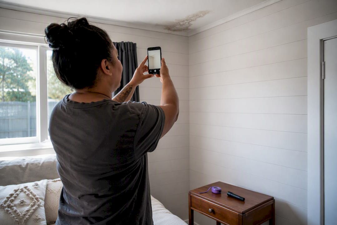 Homeowner photographing ceiling damage