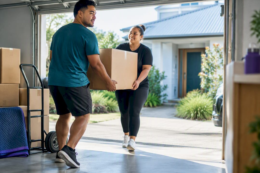 Movers carrying boxes from a New Zealand home