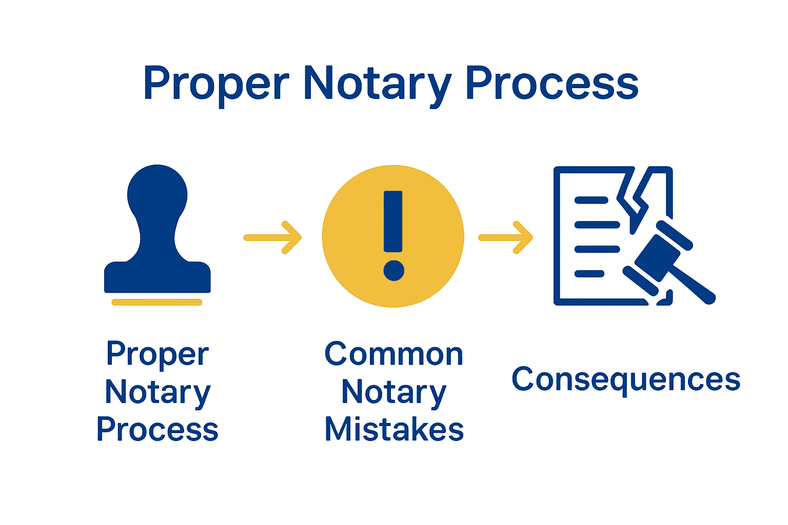 Infographic comparing correct notary process, common mistakes, and their consequences