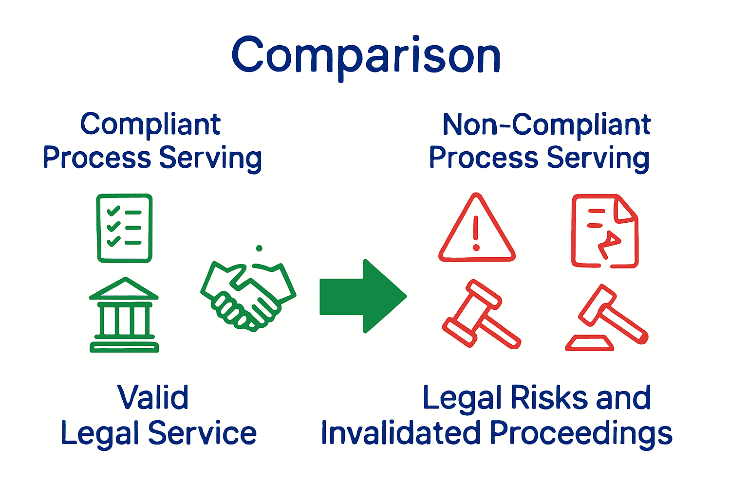 Infographic comparing compliant and non-compliant process server actions and outcomes.