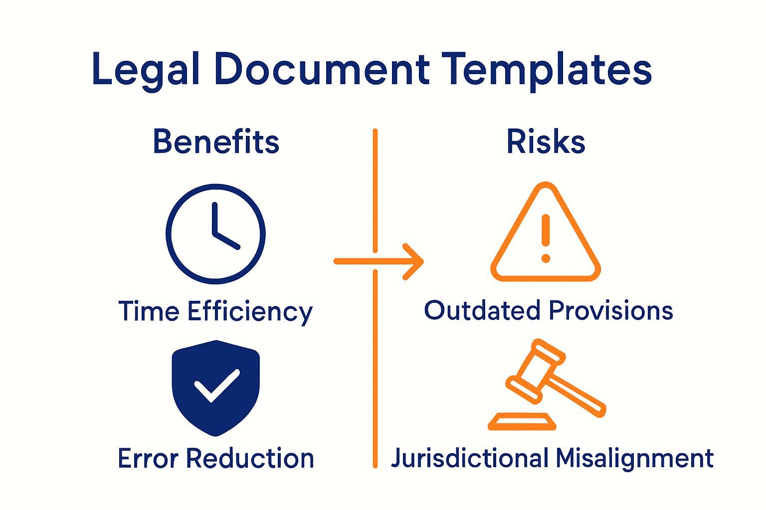 Infographic showing legal template benefits versus risks and mitigation best practices.