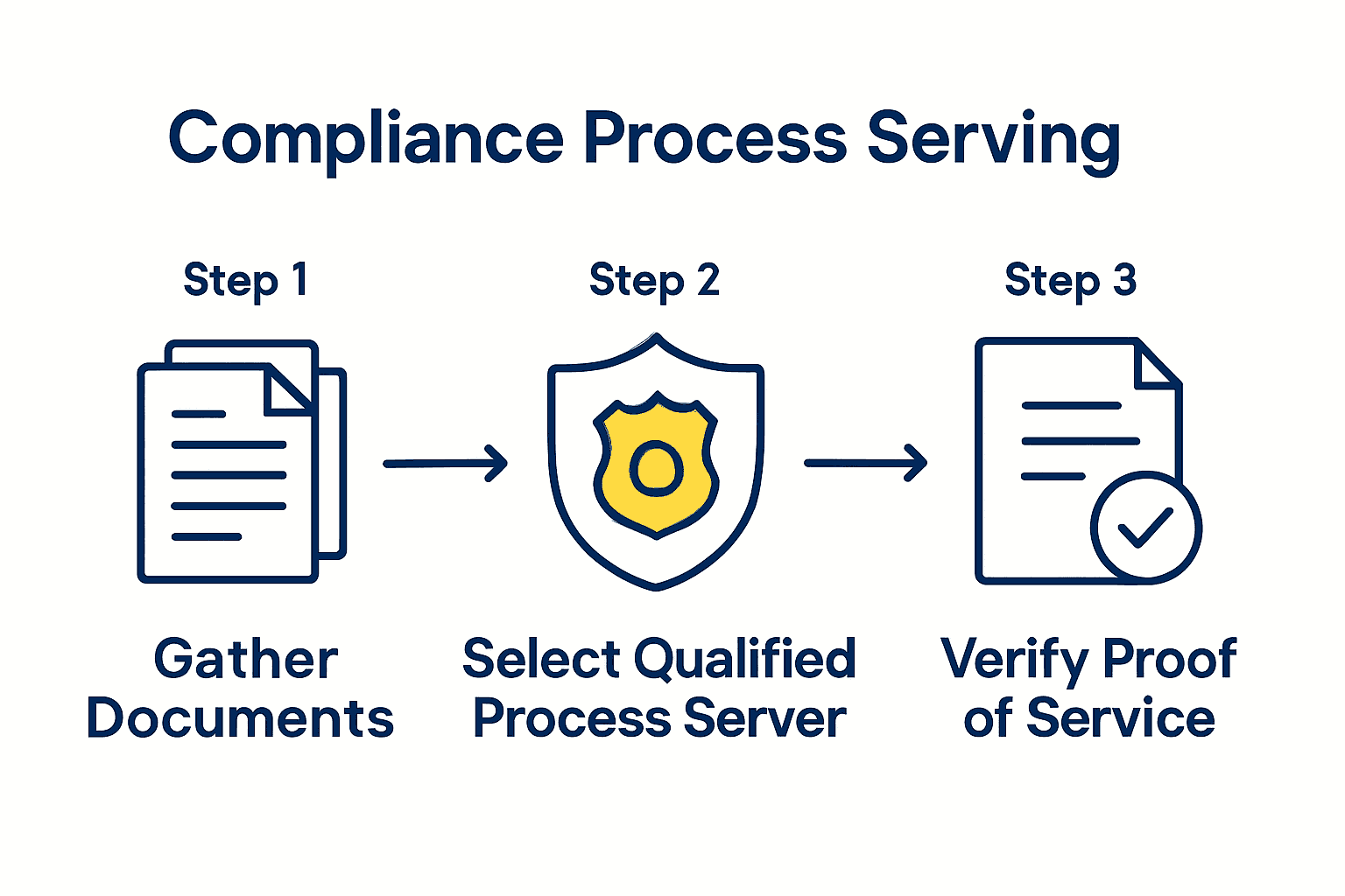 Infographic showing three steps: gather documents, choose process server, verify proof.