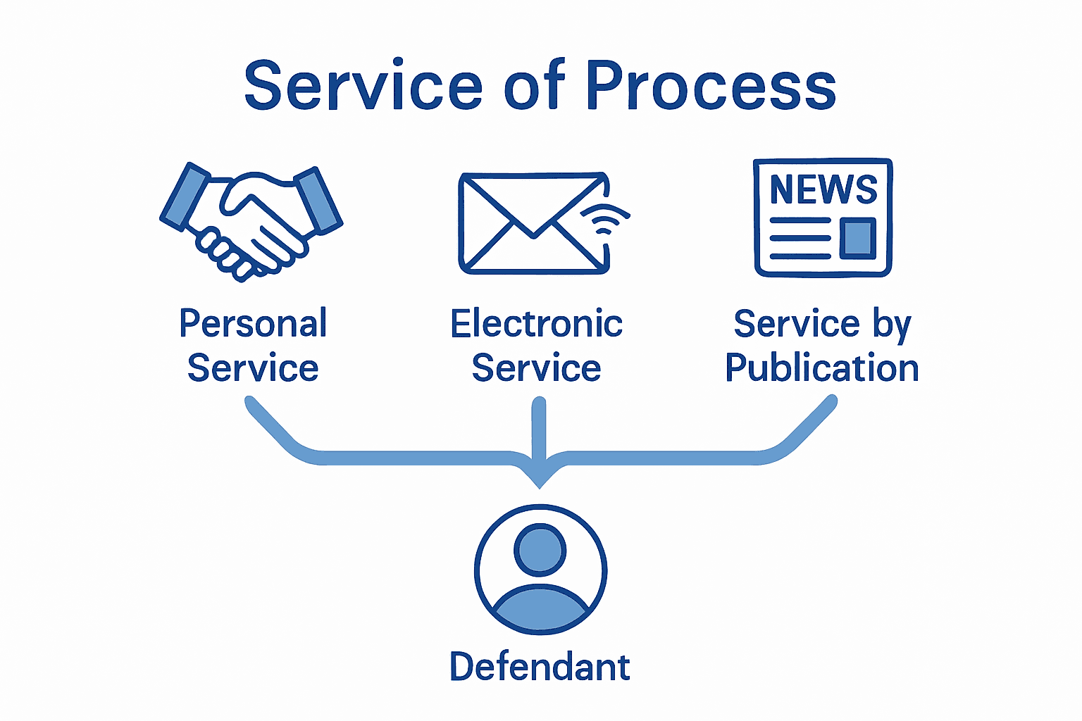 Comparison of service of process methods: personal, electronic, publication.
