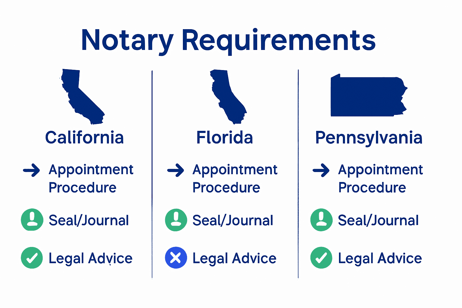 Comparison of notary requirements in California, Florida, and Pennsylvania.