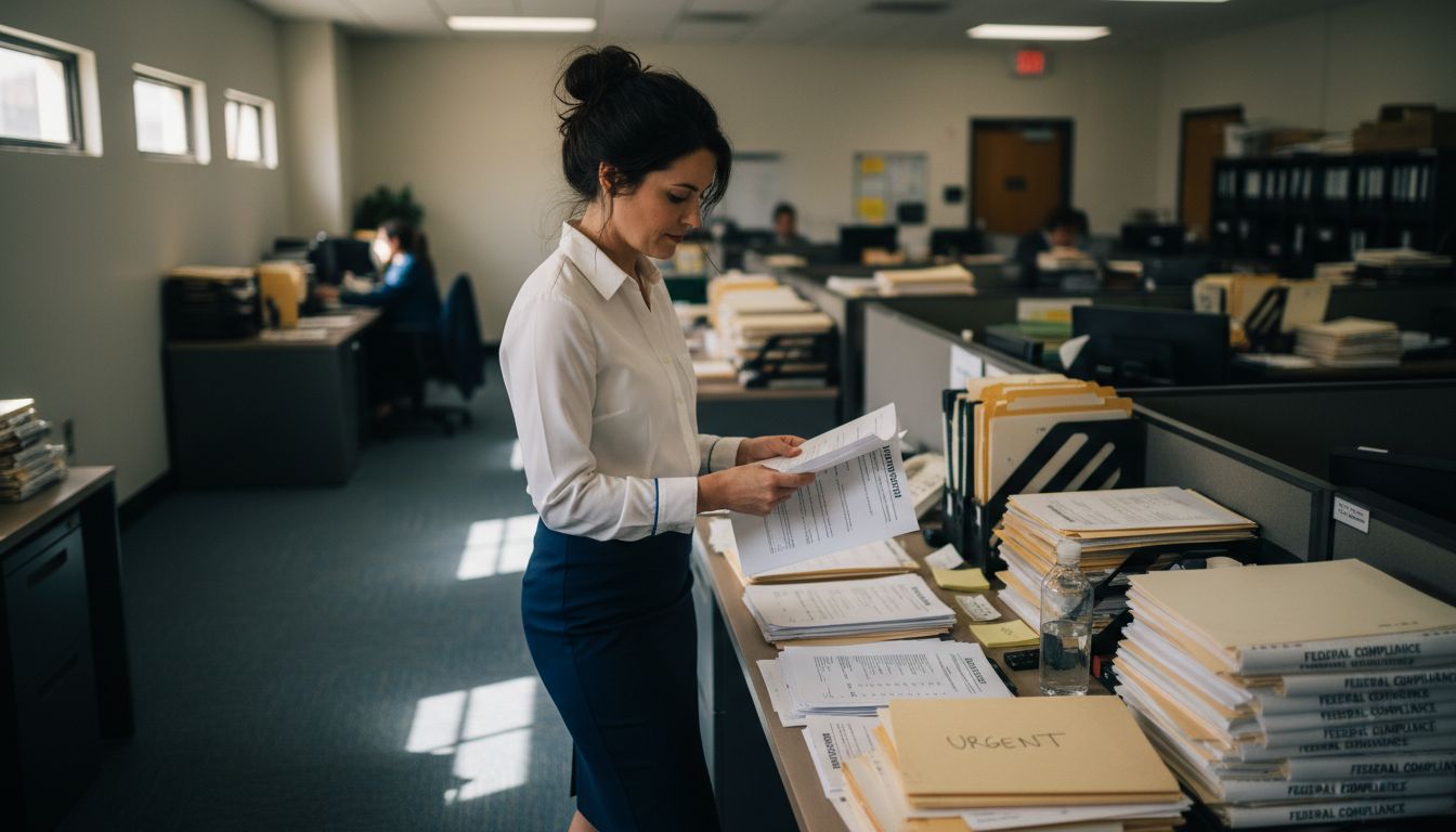 Legal assistant sorting federal compliance papers