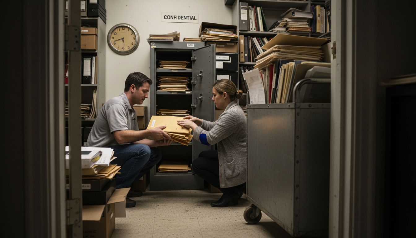 Paralegals placing legal documents in safe