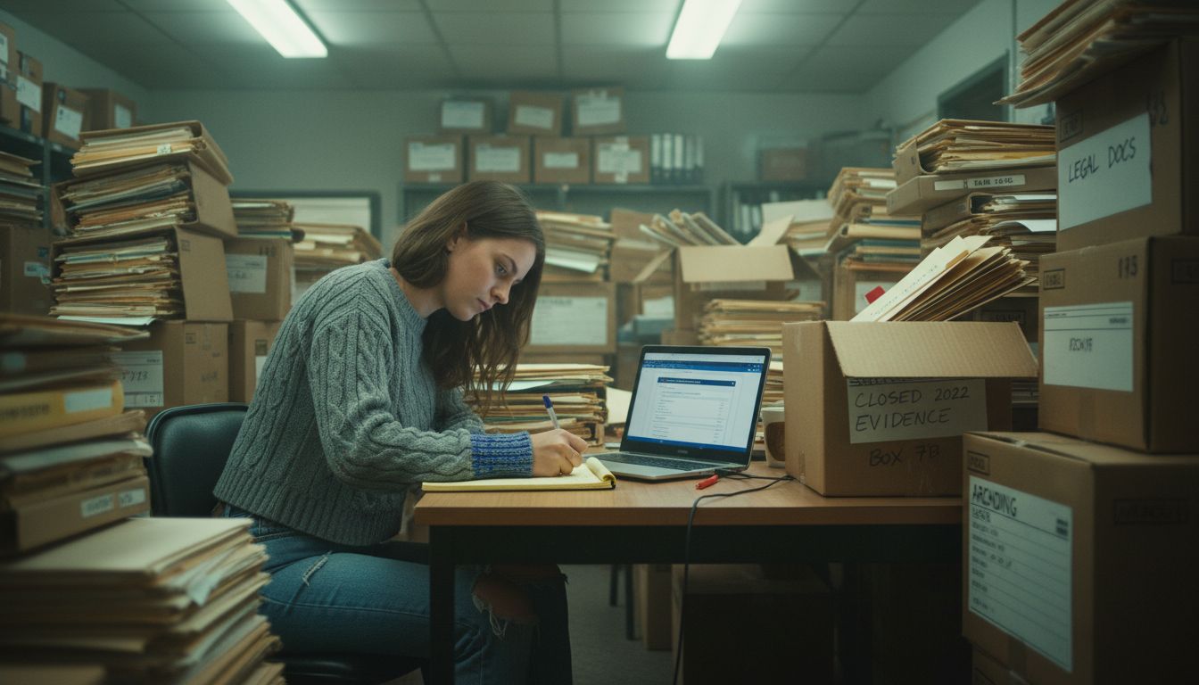 Paralegal reviewing legal files in records room