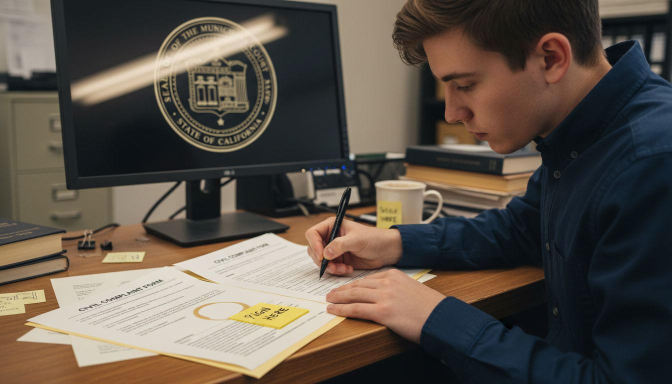 Person completing legal forms at desk