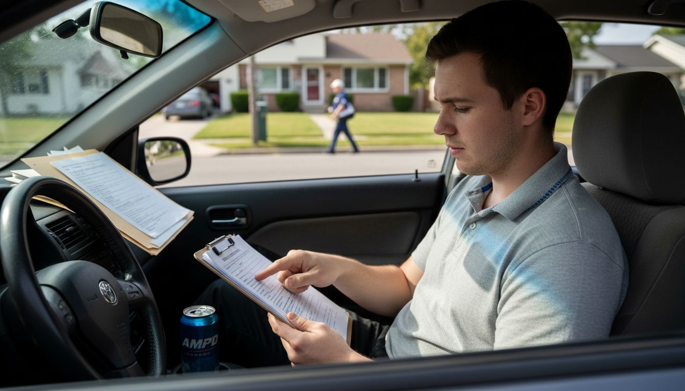 Process server reviewing paperwork in car