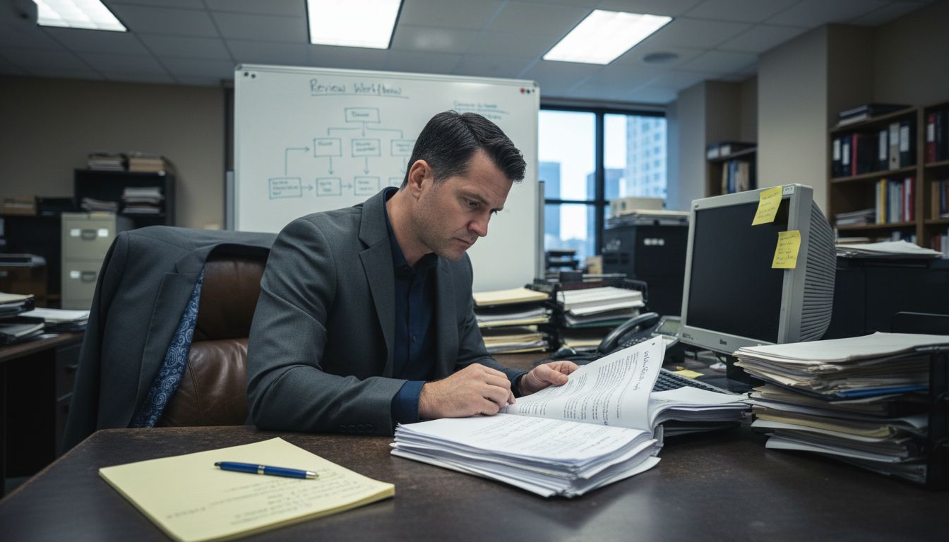 Lawyer closely reading legal contract at desk