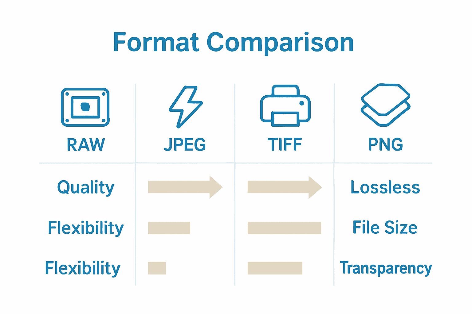 Infographic comparing RAW, JPEG, TIFF, and PNG file formats by quality, size, and flexibility.