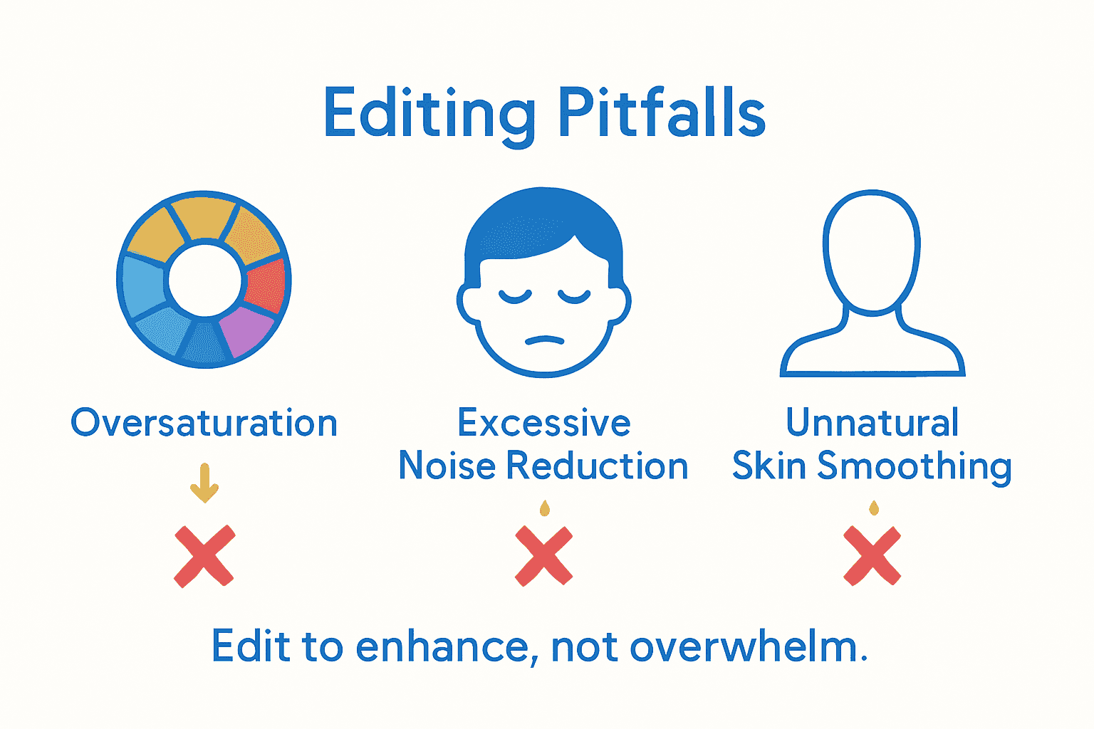 Illustration of three photo editing pitfalls with labeled icons