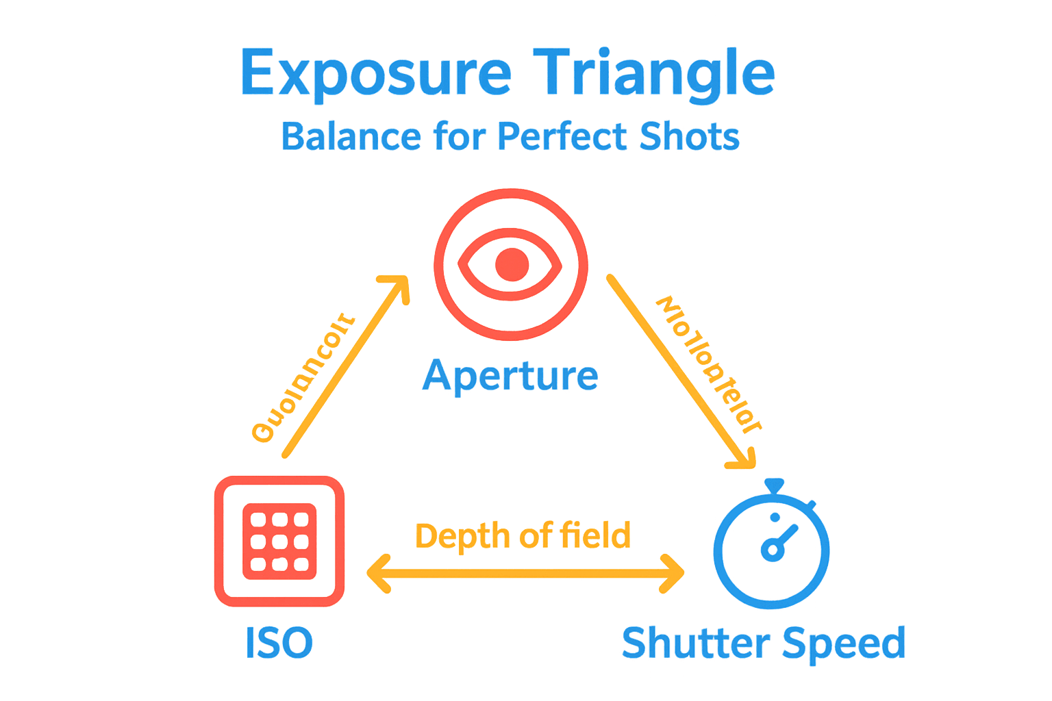 Infographic showing the exposure triangle with icons for aperture, shutter speed, and ISO.