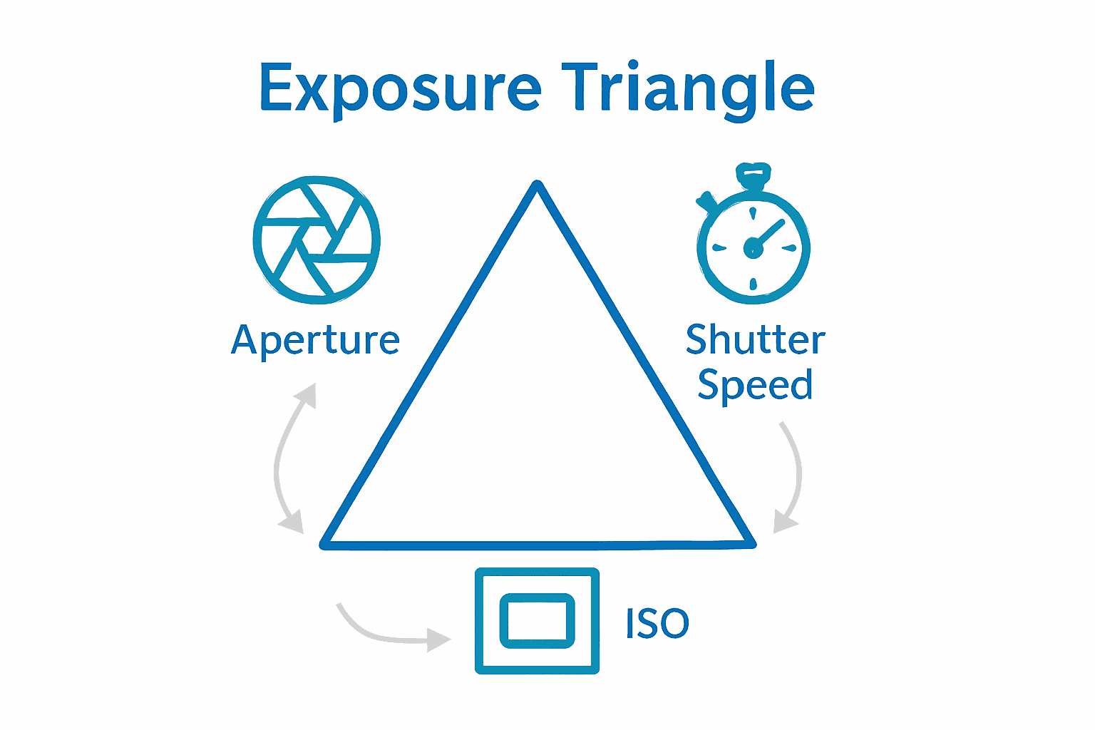 Exposure Triangle infographic showing aperture, shutter speed, ISO relationship.