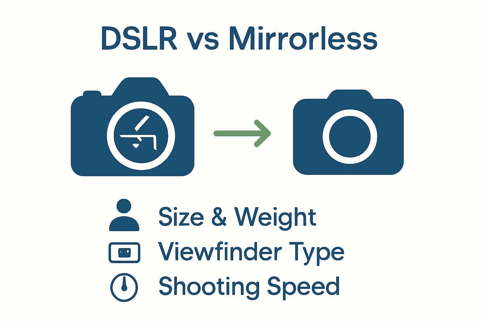 Infographic comparing DSLR vs mirrorless camera bodies with icons and features.