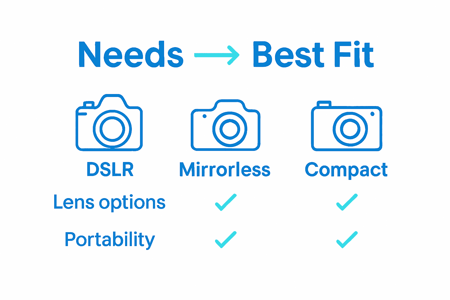 Infographic compares DSLR, mirrorless, and compact camera features