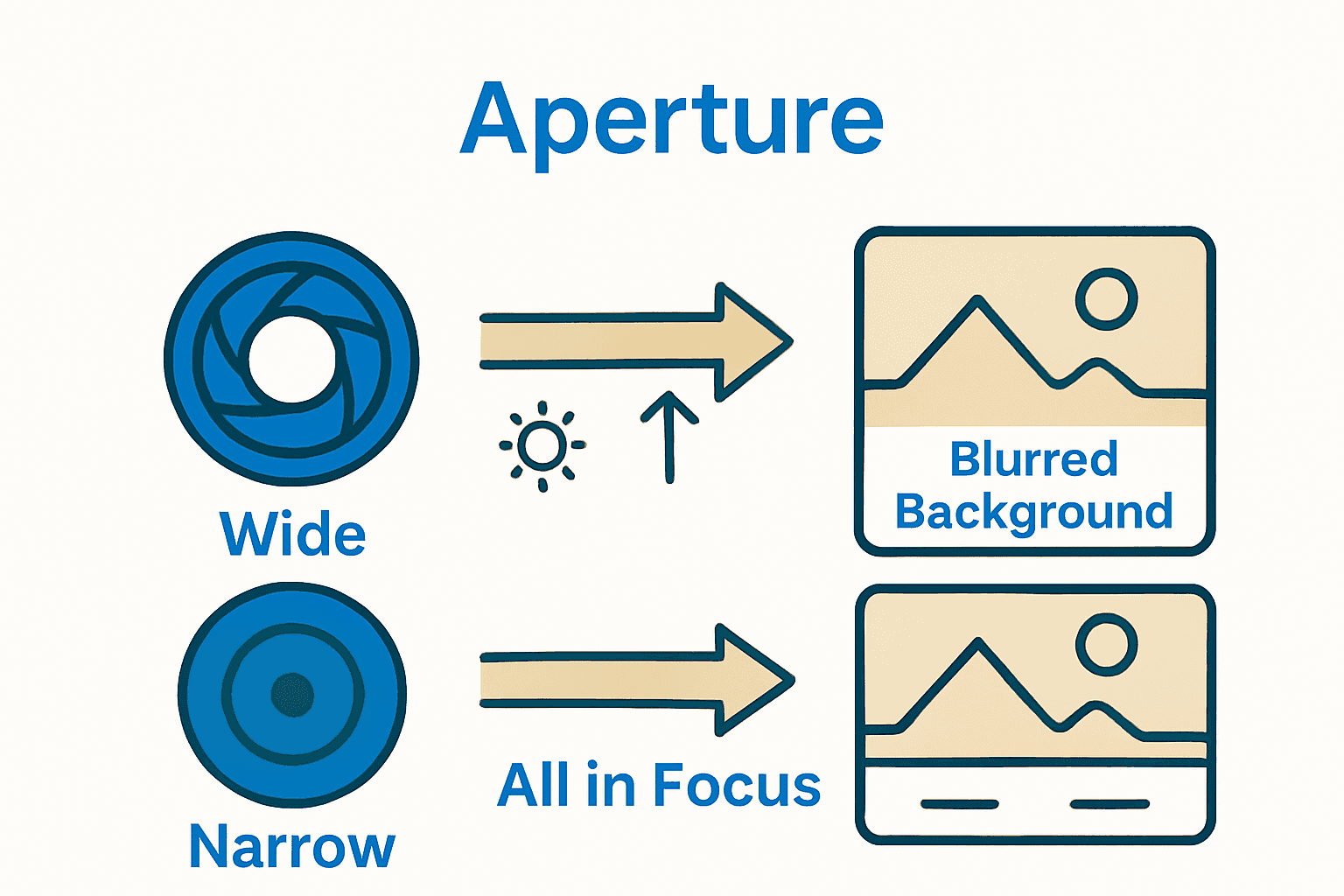 Infographic comparing wide and narrow aperture effects on photo sharpness.