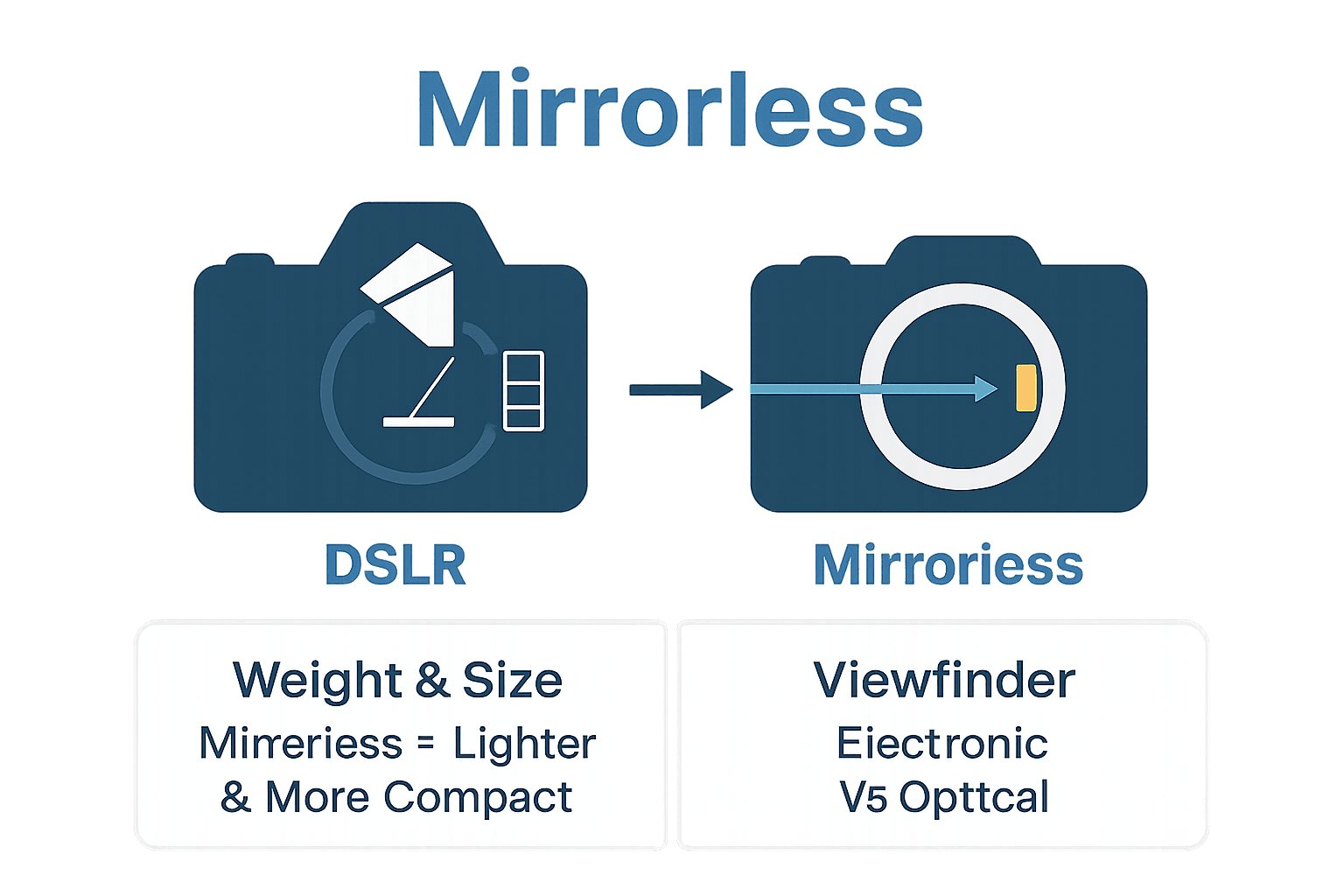 Infographic comparing mirrorless and DSLR camera designs and key differences.