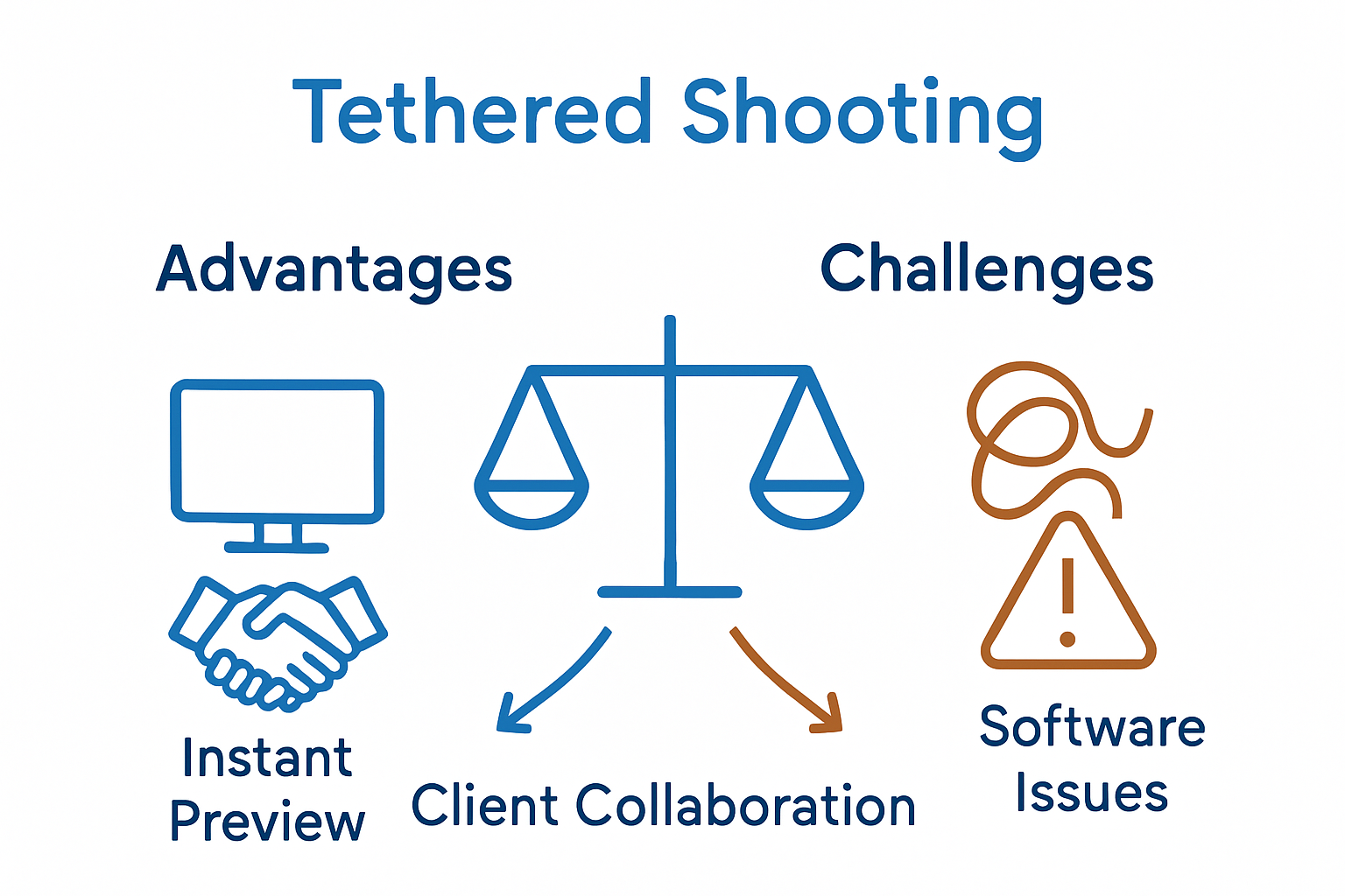 Infographic showing pros and cons of tethered shooting with icons and brief labels