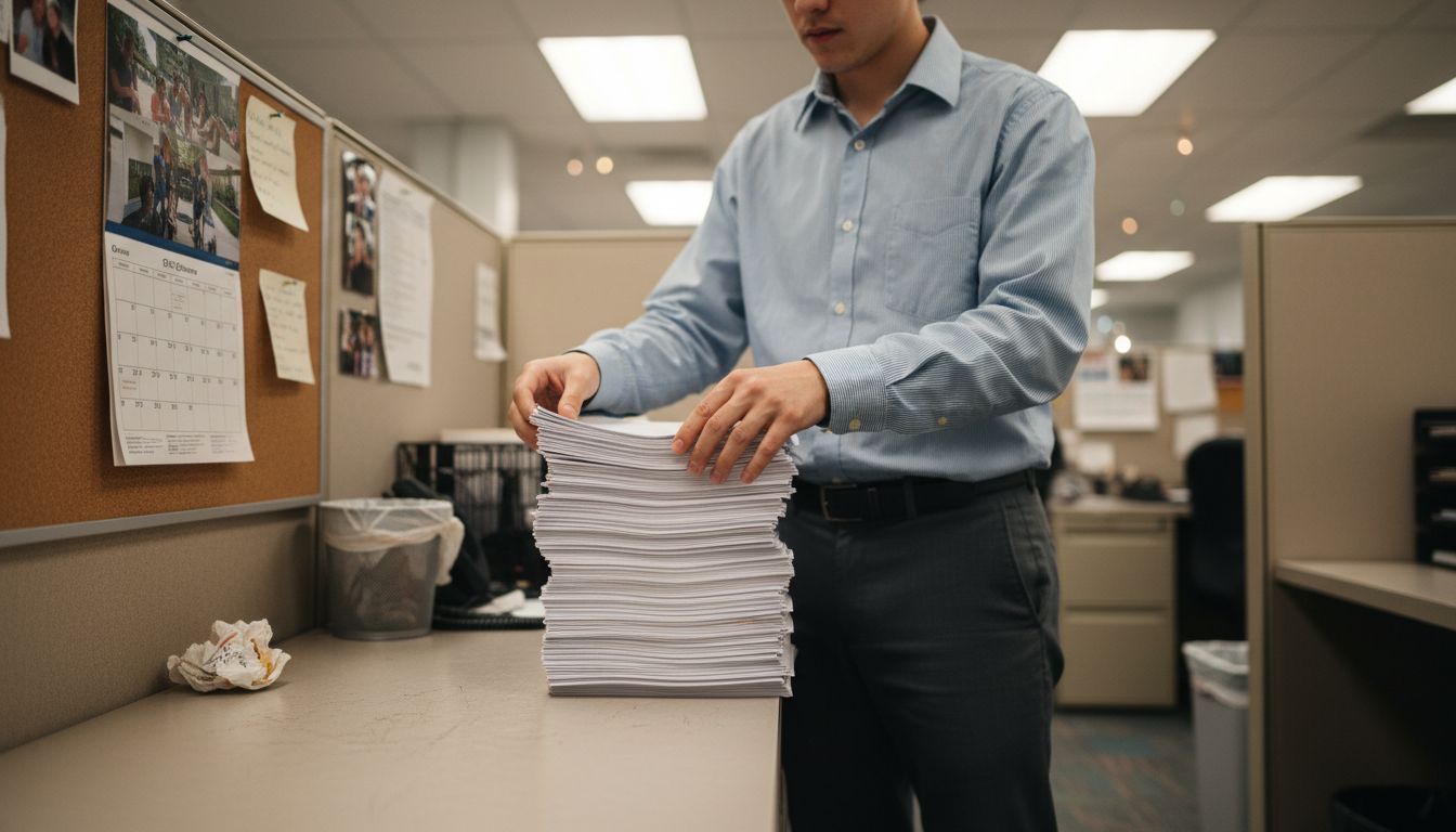 Office worker organizes vertical papers