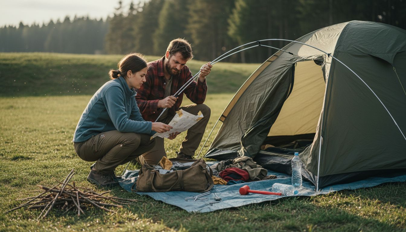 Couple assembling tent on grassy uneven campsite