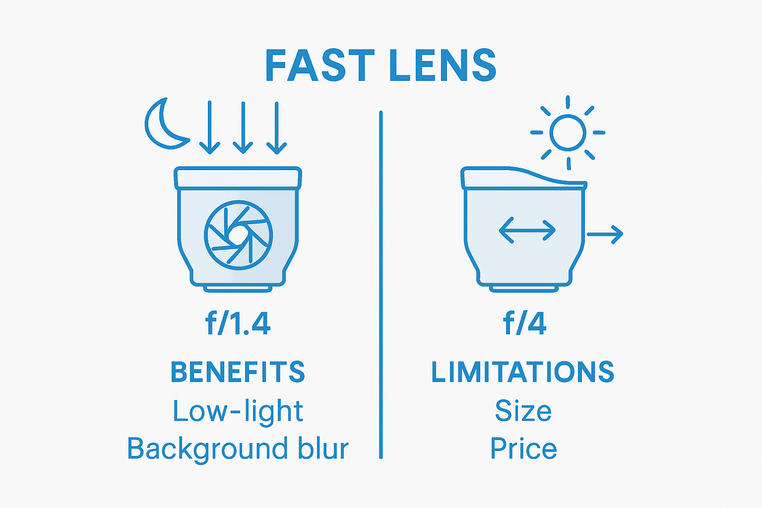 Fast lens versus standard lens comparison infographic showing what is a fast lens