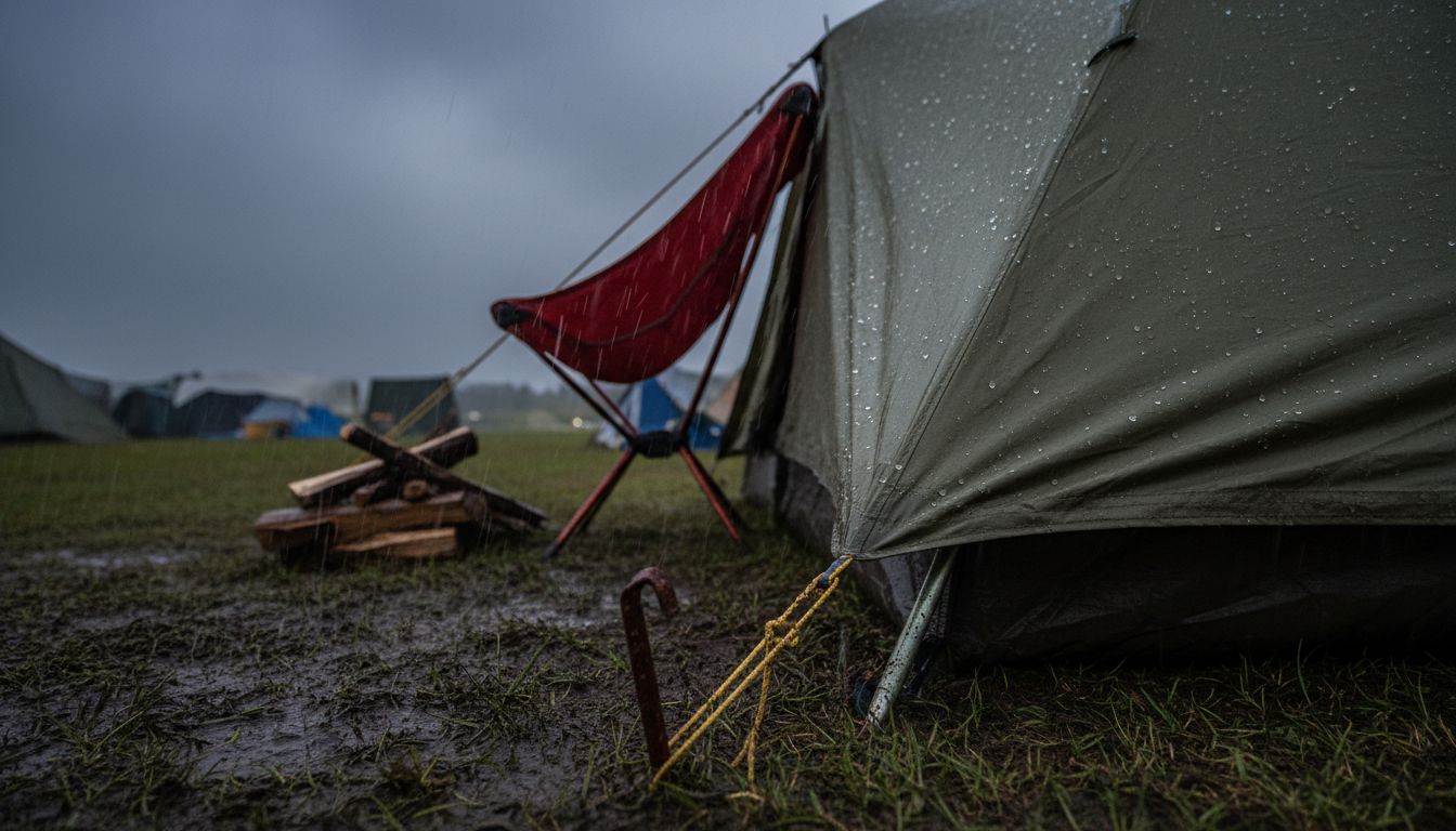 Rainwater beading on tent fabric closeup