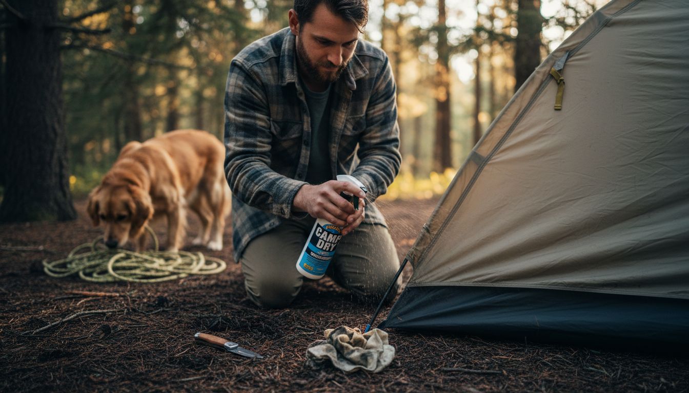 Camper applying waterproofing spray to tent