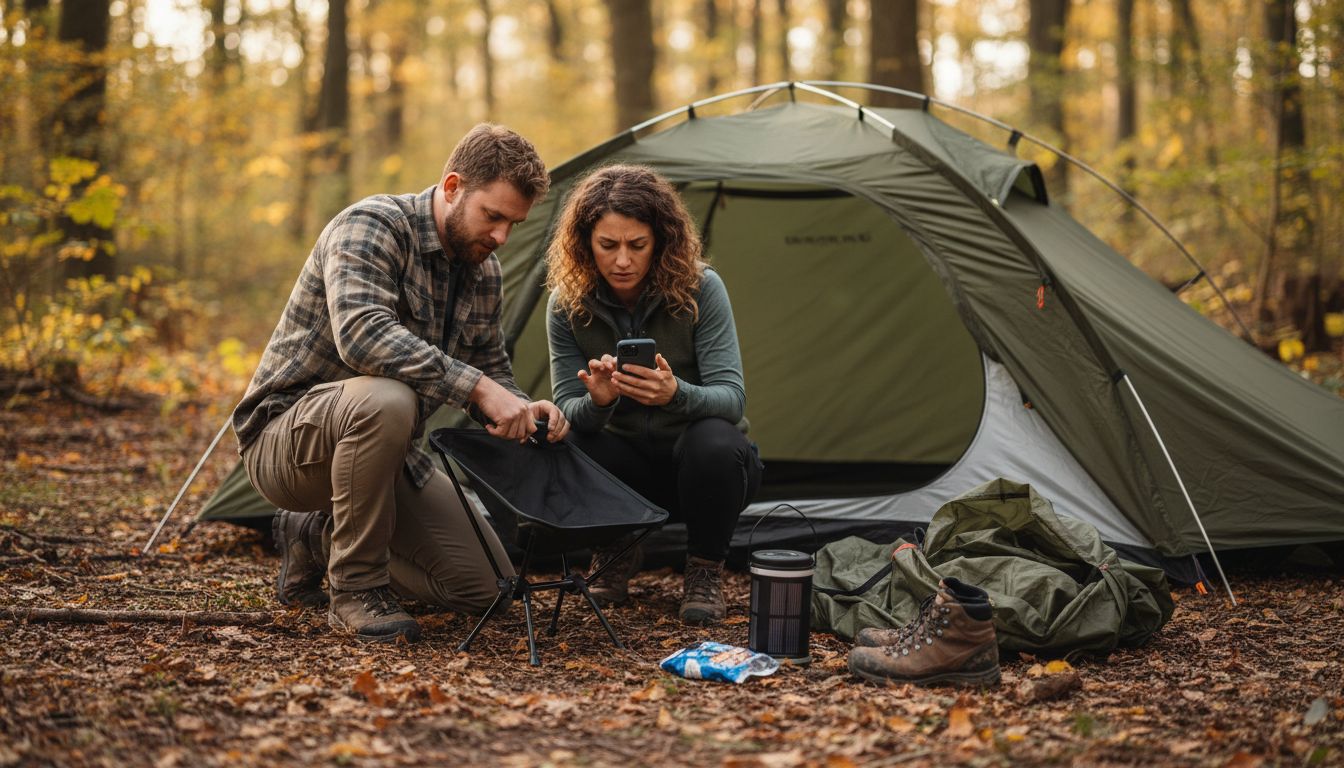 Campers setting up modern tent and gear